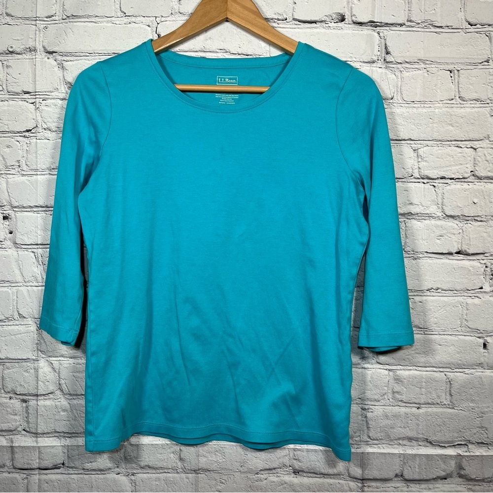 LL Bean Shirt Womens Small Teal Round Neck Supima Cotton Casual 3/4 Sleeve